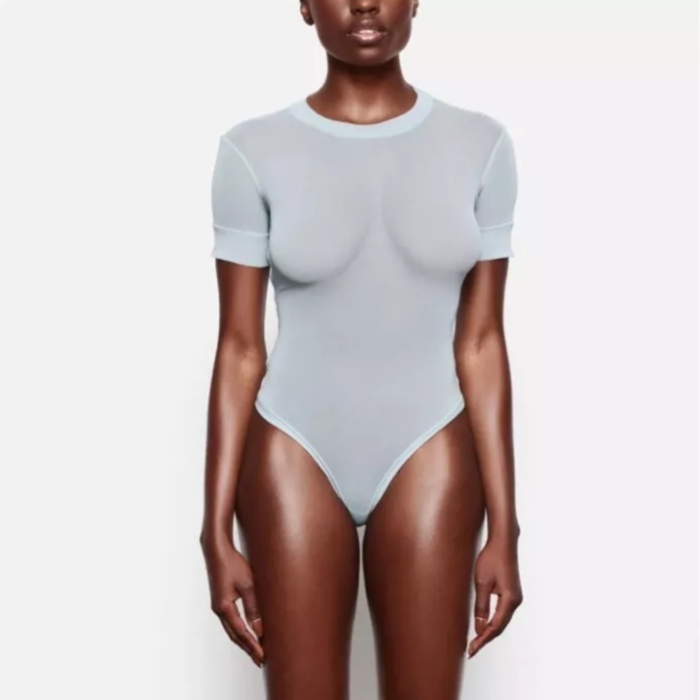 NWT SKIMS Stretch Summer Mesh Sheer T-Shirt Bodysuit Sky Blue Size 2X